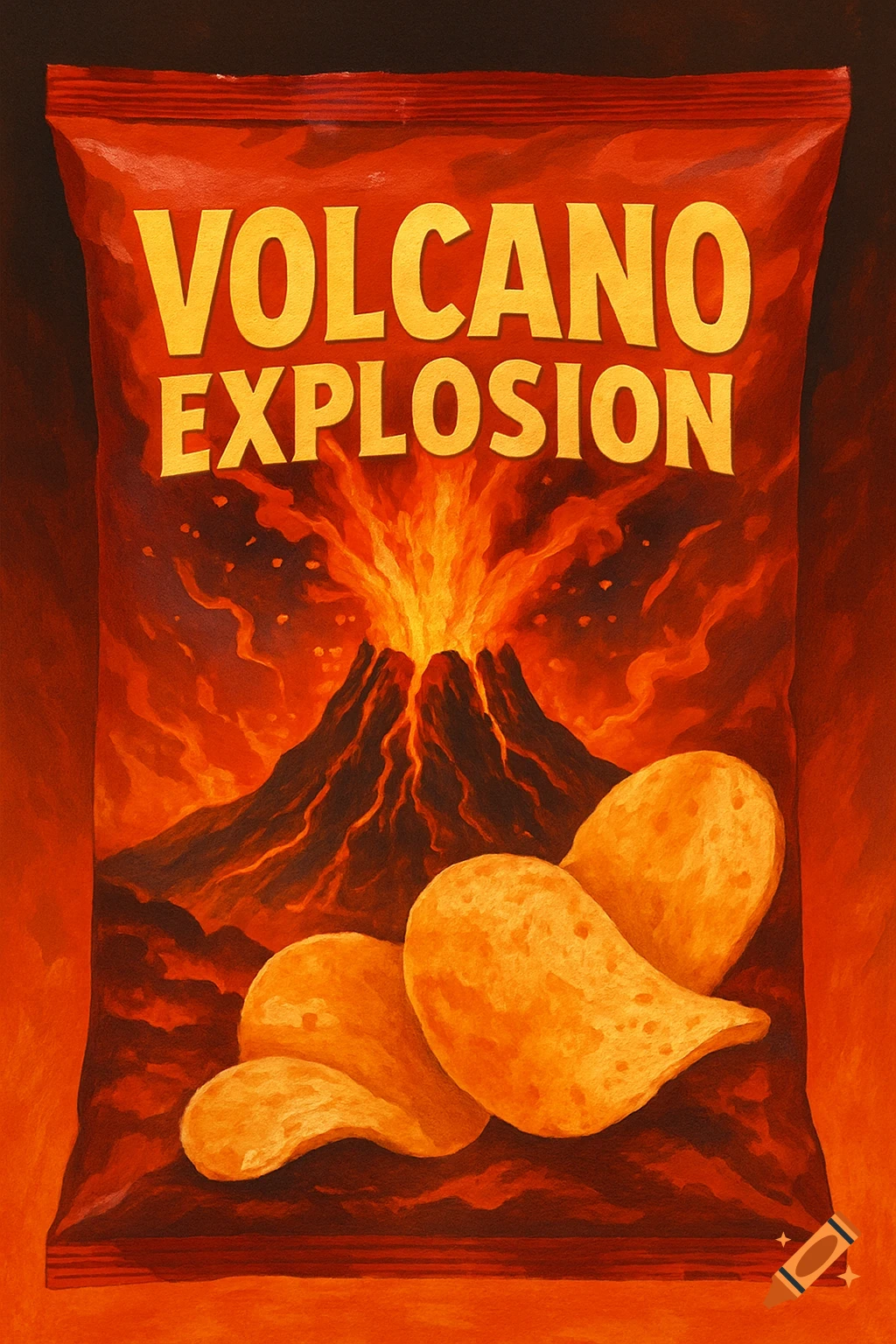 Chip bag with 'Volcano Explosion' text, showing an erupting volcano and three chips, illustration.