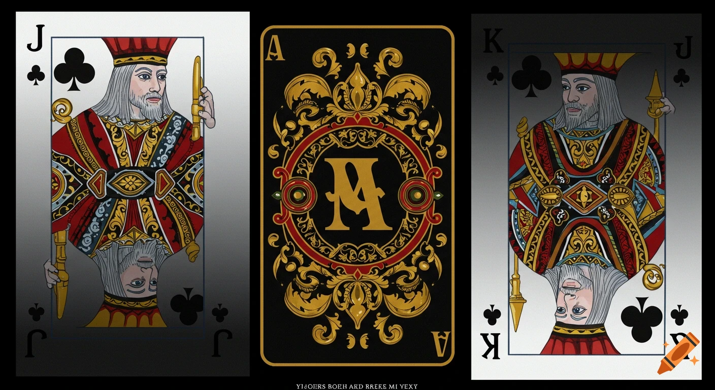 Illustration of three playing cards: Jack of Clubs, an Ace card with ornate design, and King of Clubs.