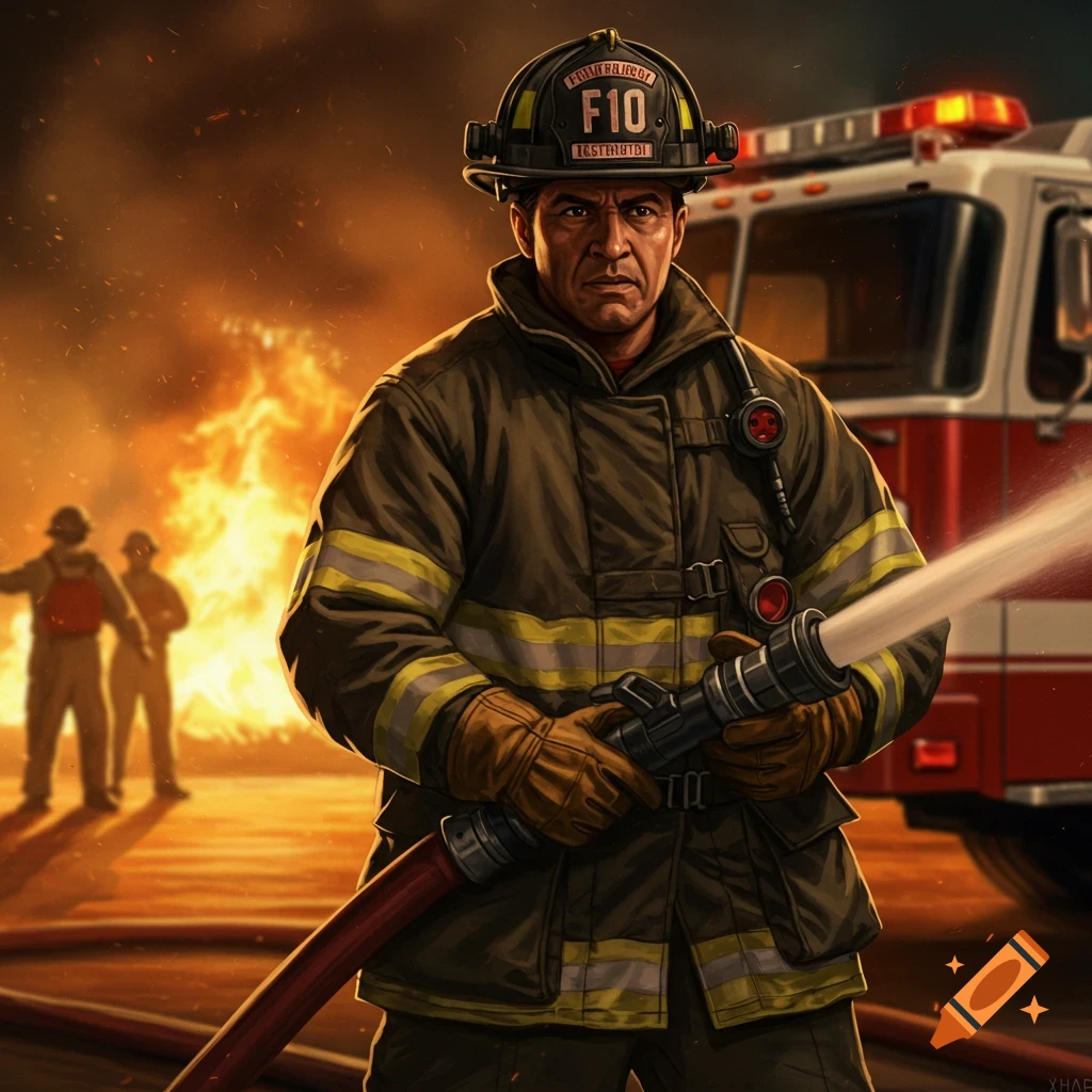An illustration of a firefighter holding a hose, standing in front of a fire and fire truck.