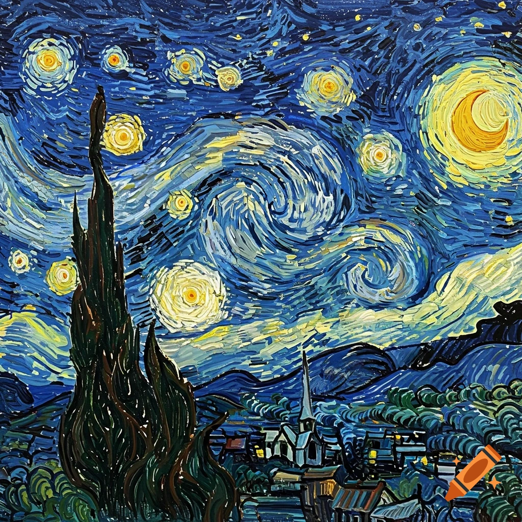 A painting in the style of Van Gogh's Starry Night, showing a village, cypress tree, and swirling night sky.