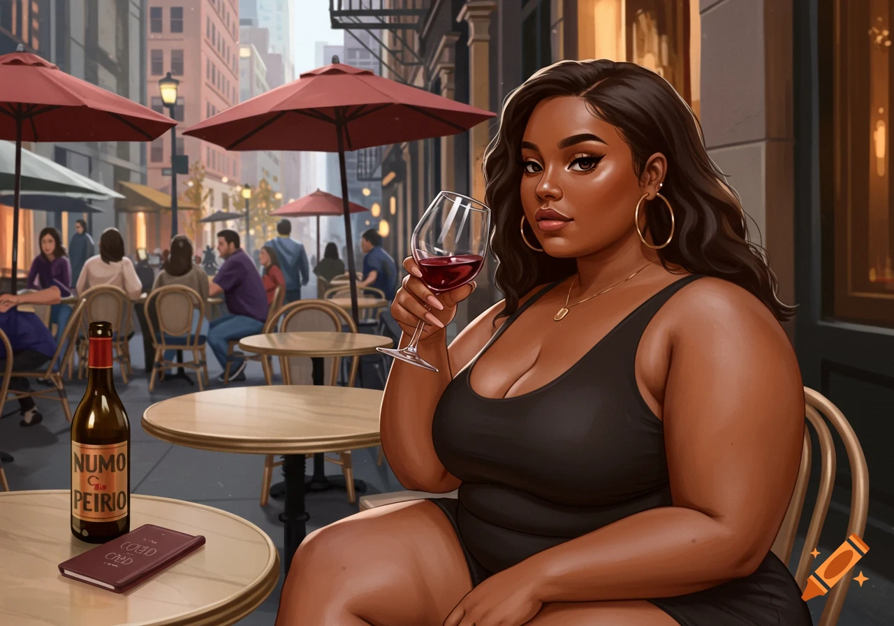 A woman sits at an outdoor cafe table, holding a glass of red wine. People are in the background.