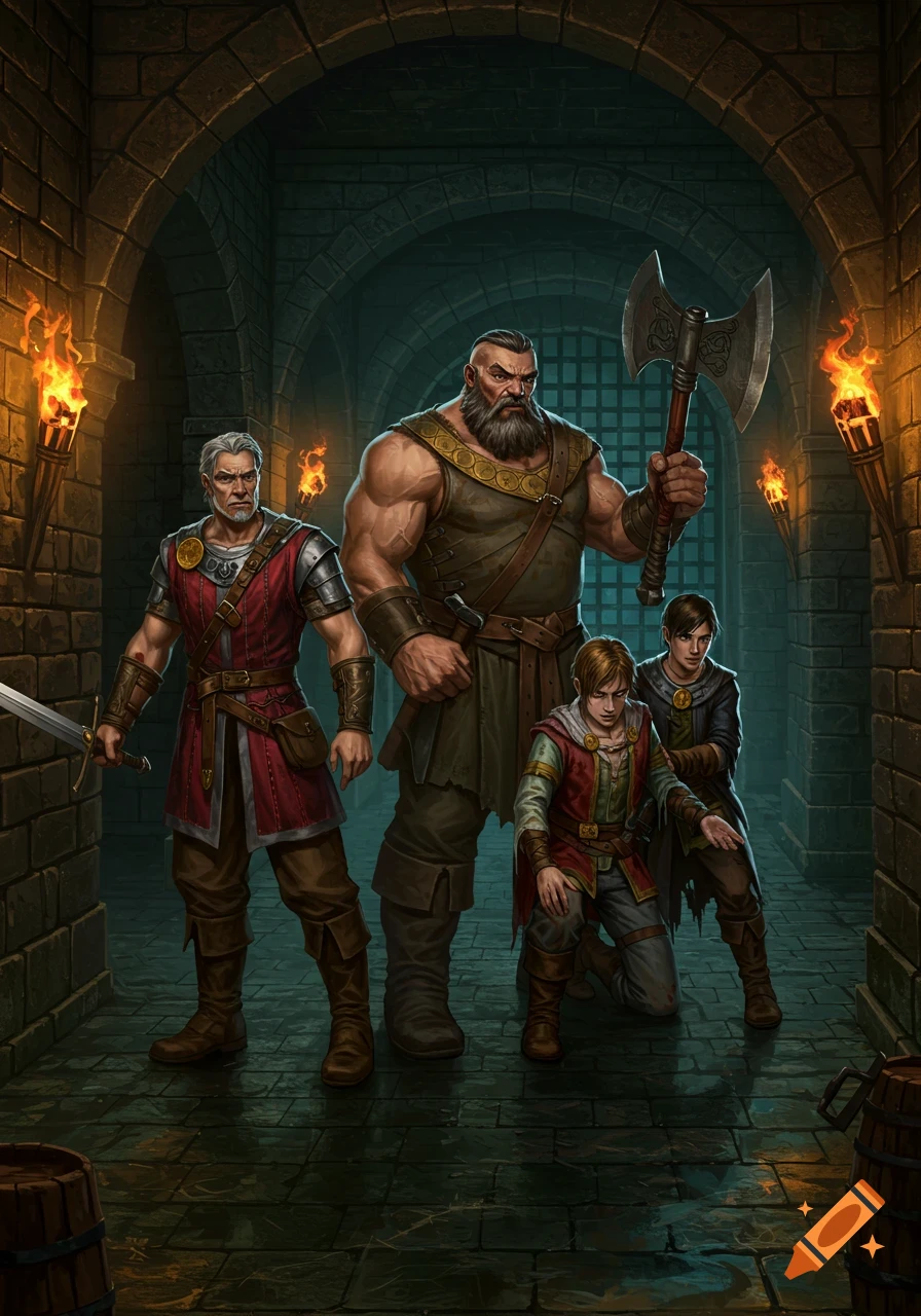 Four fantasy warriors stand in a dimly lit stone dungeon, one with a sword, one with an axe, and two younger ones.