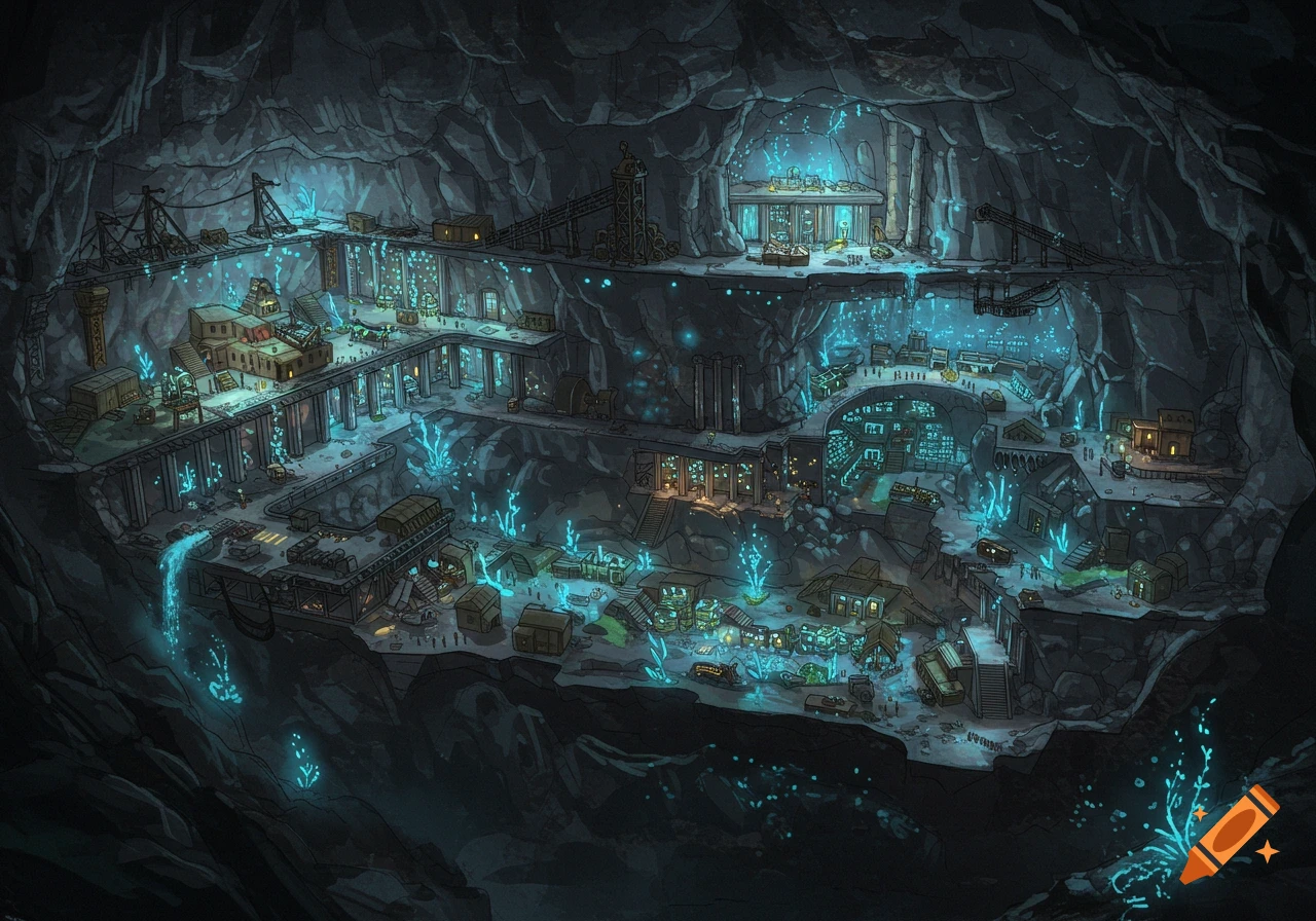 Illustration of a multi-level underground city and mine carved into a mountain with glowing blue crystals.