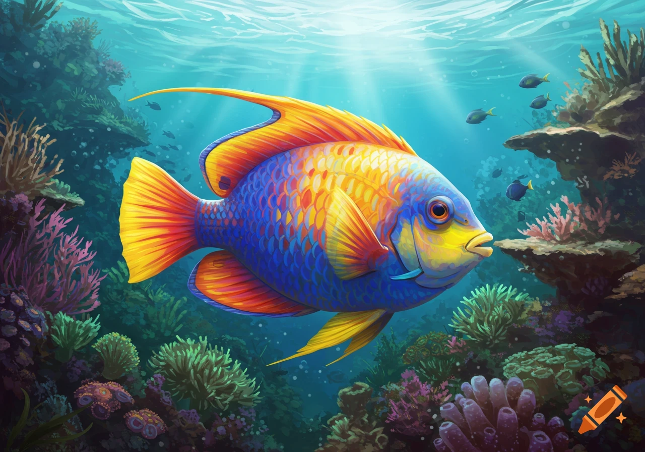 A vibrant blue, yellow, and orange tropical fish swims in a colorful coral reef with sunlight filtering through the water.