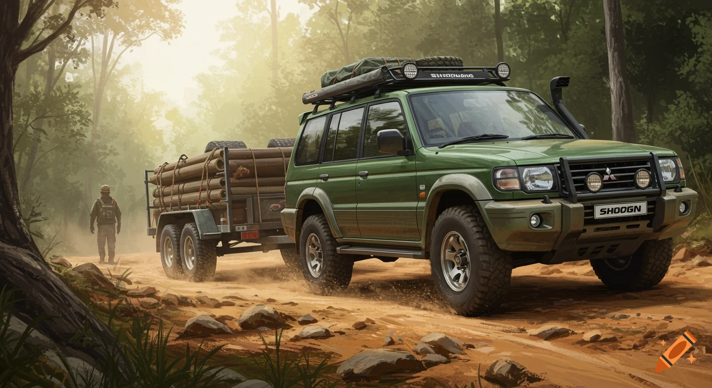 Green SUV with a trailer carrying logs on a forest dirt road with a person walking nearby
