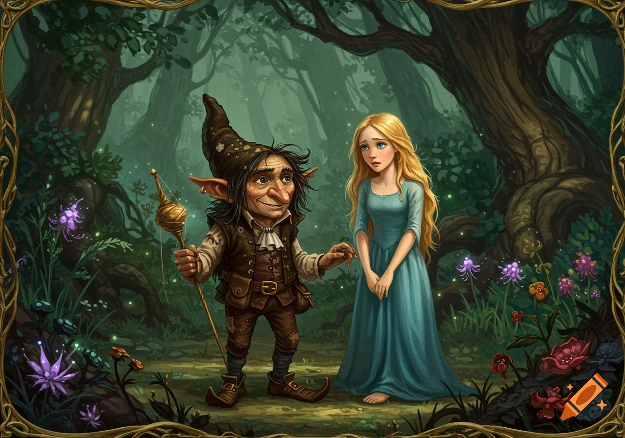 An old goblin-like man stands with a young woman in a dark fantasy forest illustration.