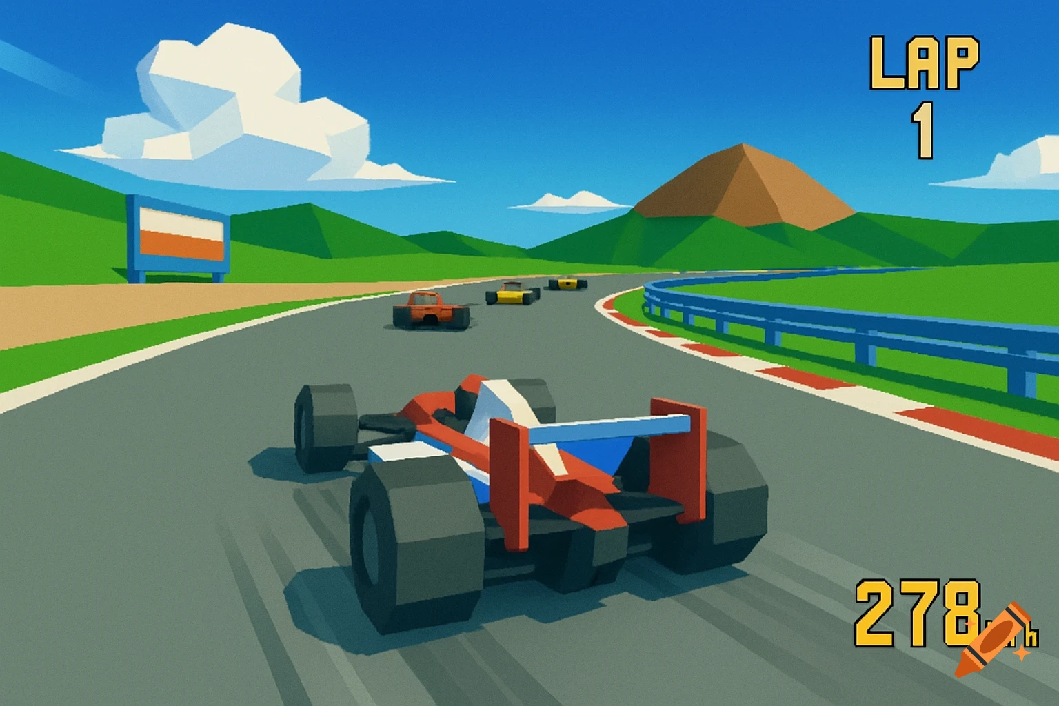 Low-poly 90s arcade racing game scene with car and HUD.