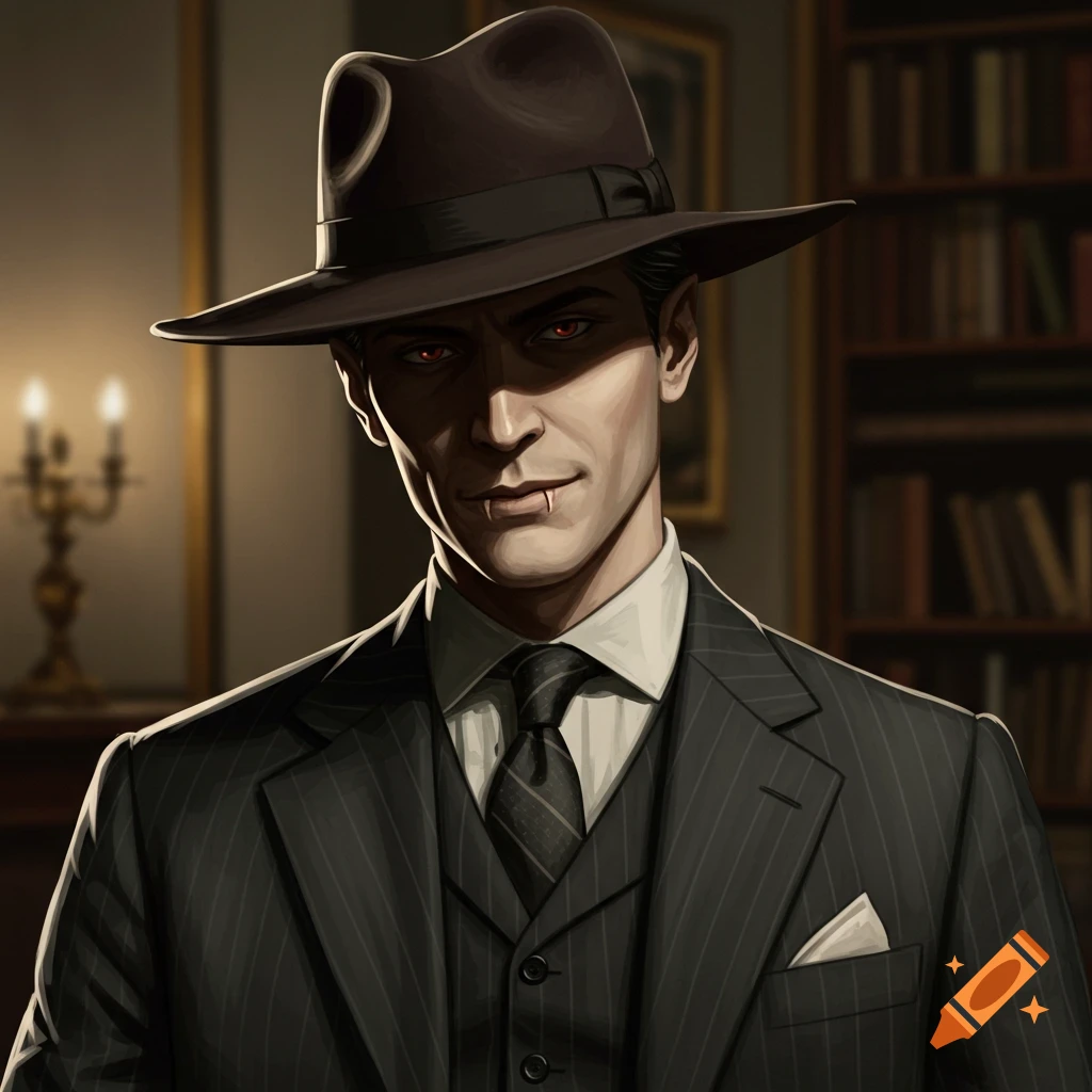 A man dressed as a Ventrue vampire in a pinstripe suit and fedora tips his hat in a dimly lit room.