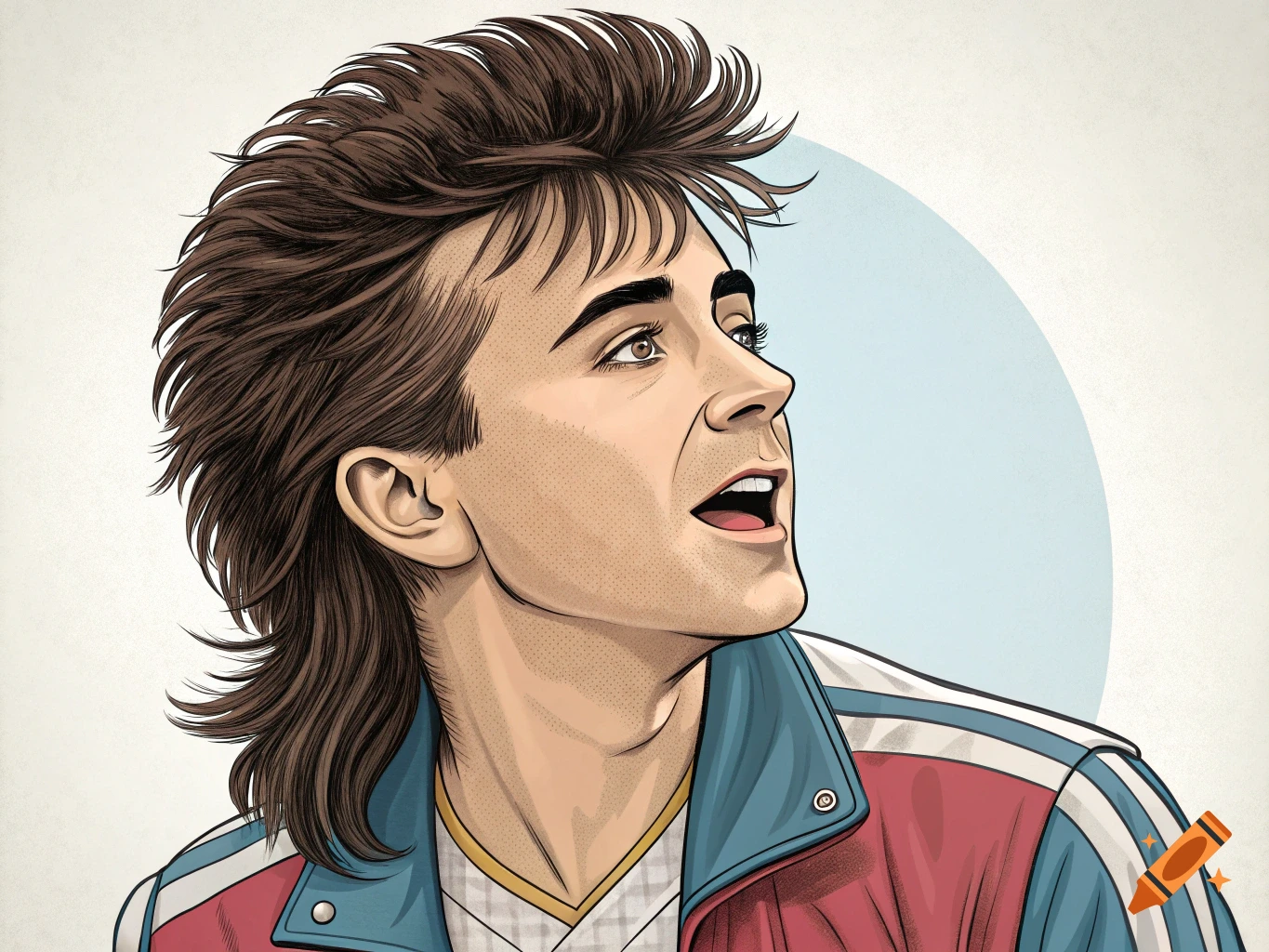 Cartoon portrait of a man with a prominent 1980s wedge haircut, looking upward.