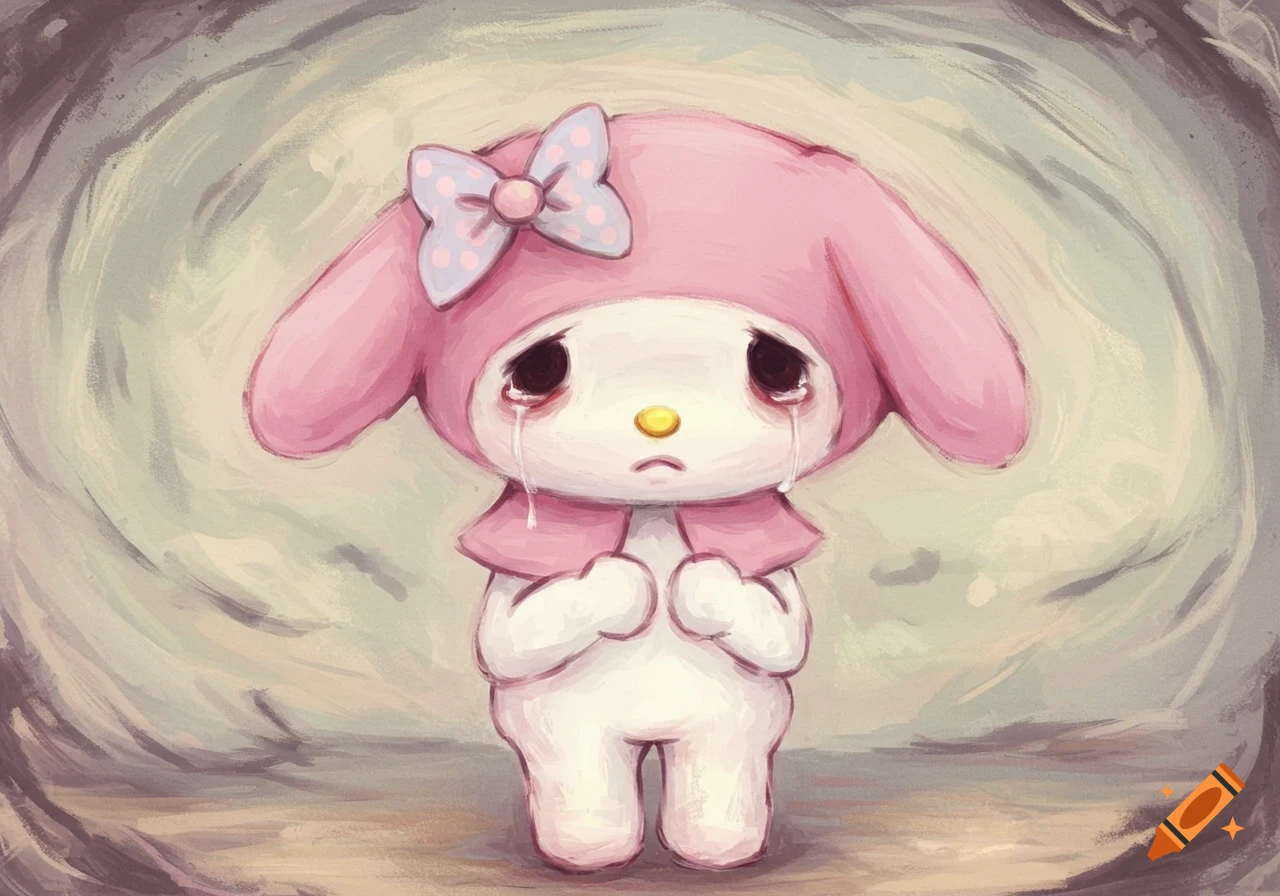 Painting of the cartoon character My Melody standing and crying.