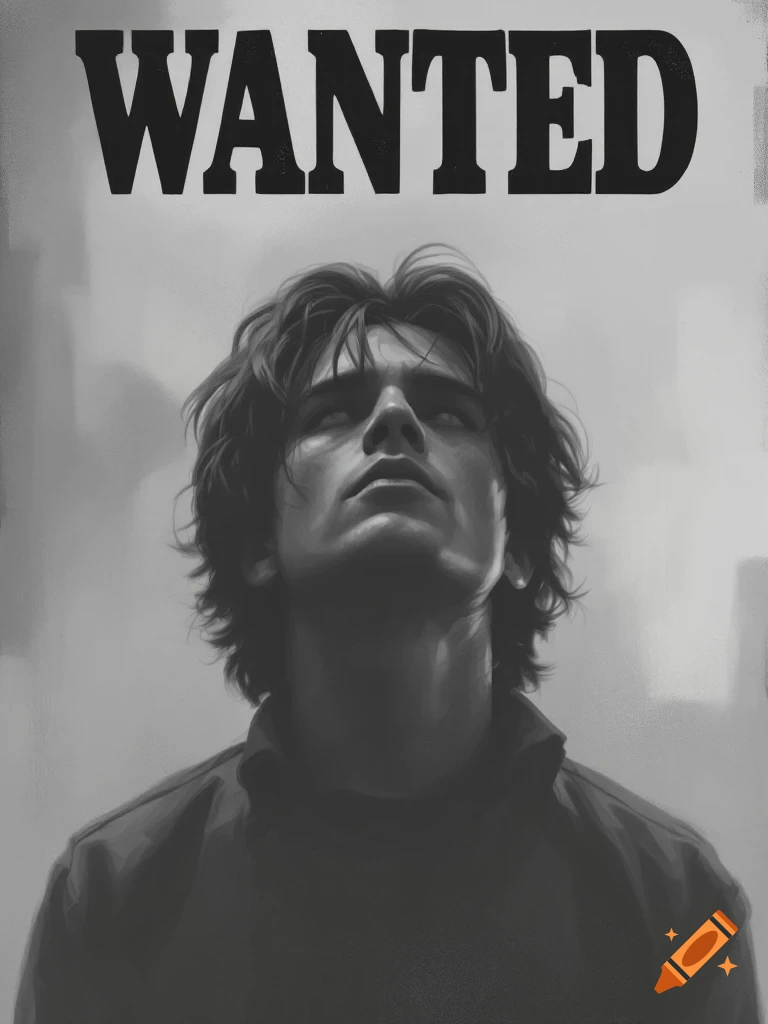 Grayscale illustration of a man looking up, with the word WANTED above him.