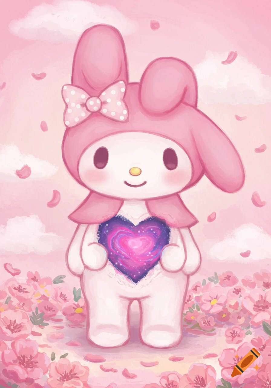 My Melody character illustration with a galaxy in her chest among pink flowers