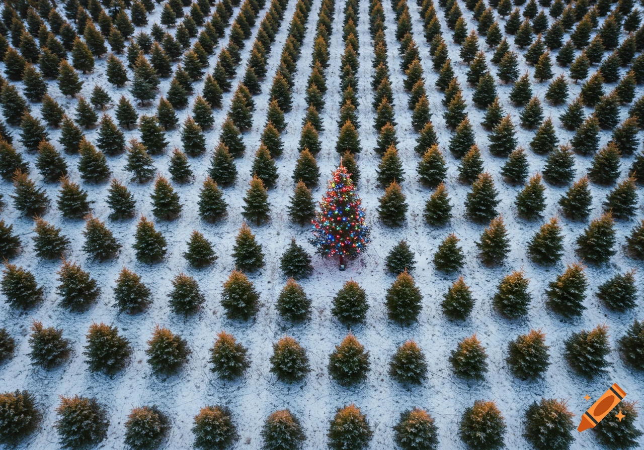 Overhead view of a single decorated Christmas tree among a grid of undecorated trees in a snowy field.