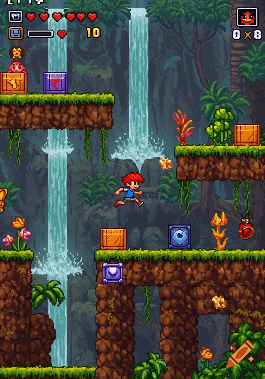 Pixel art platformer game screenshot showing a character running through a jungle level with waterfalls and obstacles.