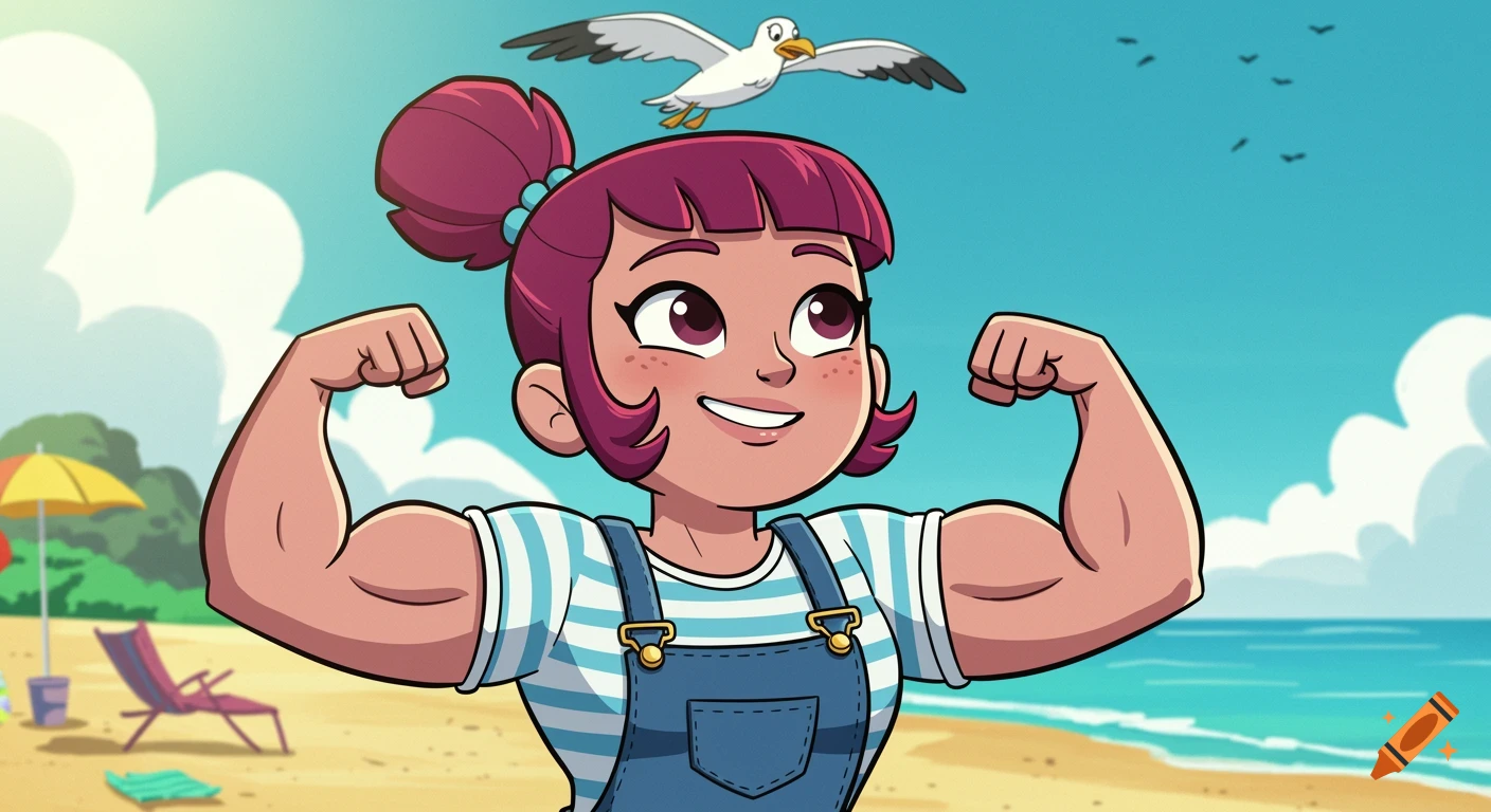 A cartoon girl with pink hair flexing her biceps on a beach.