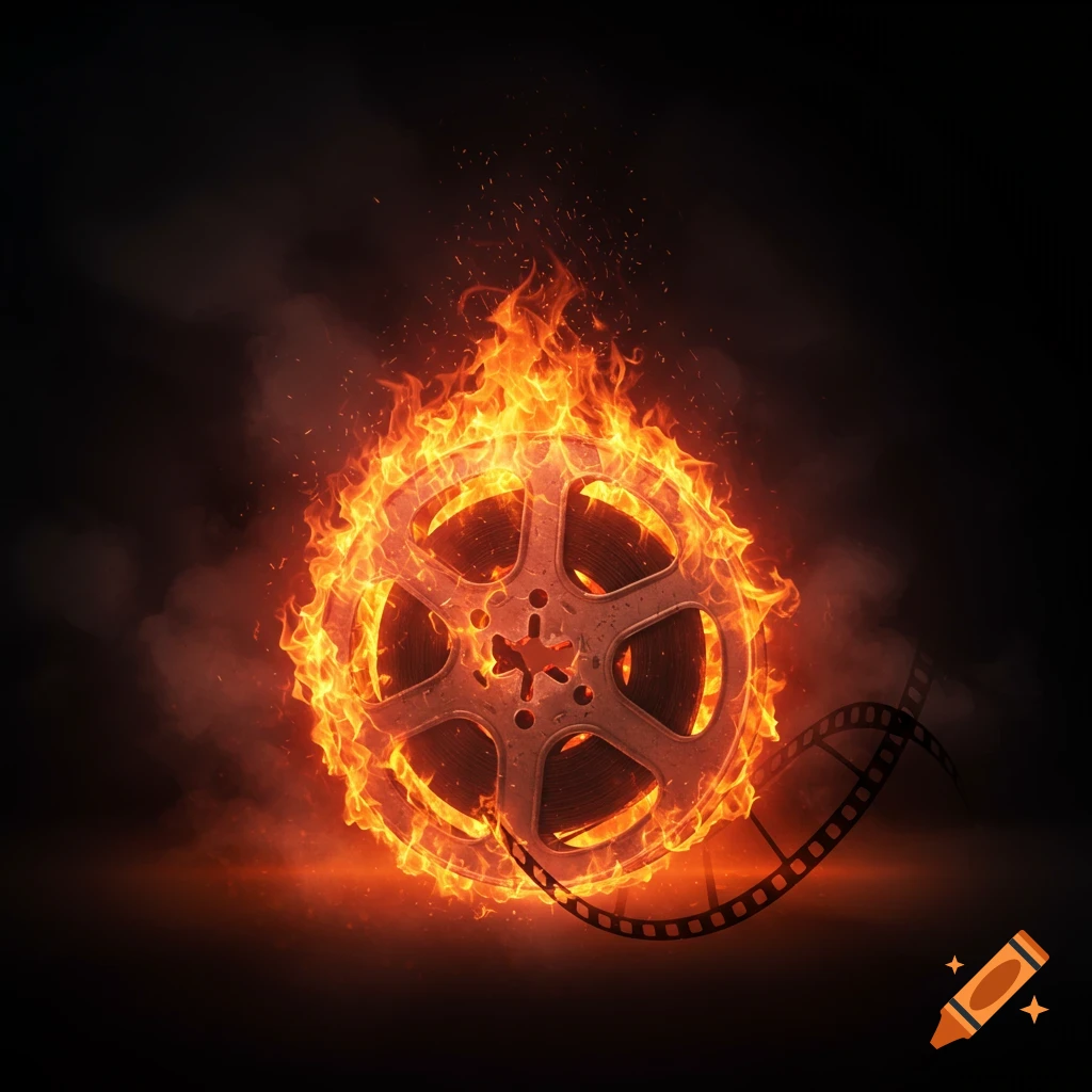 Movie film reel engulfed in flames with a film strip unspooling against a dark background.