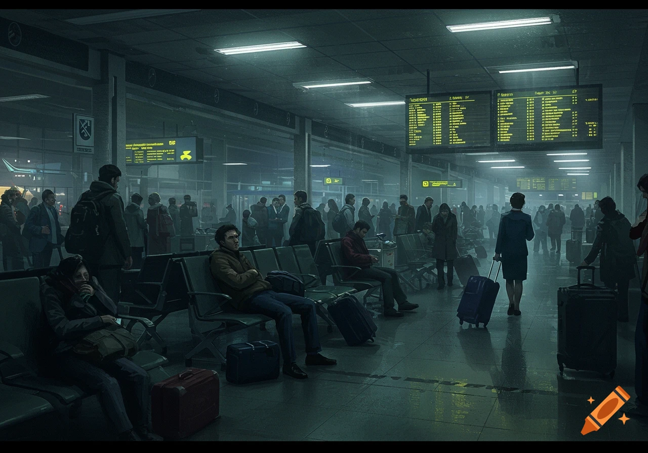 Crowded, dimly lit airport waiting area with people sitting and standing near suitcases and departure boards