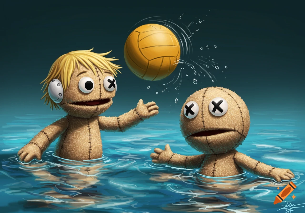 Cartoon illustration of two fabric puppets playing water polo, one hit in the head by the ball.