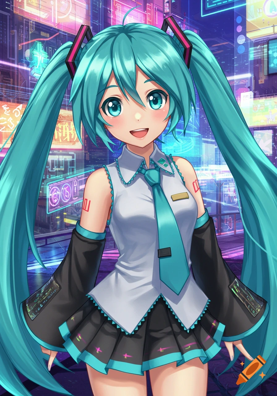 Anime drawing of Hatsune Miku in a cyberpunk city.