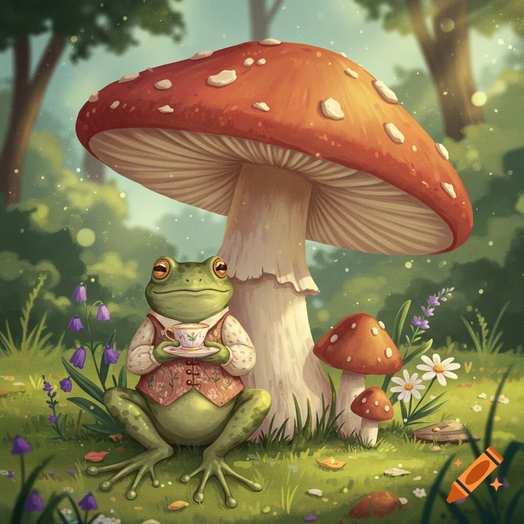 An illustration of a cottagecore frog in a waistcoat holding a tea cup under a large mushroom in a forest.