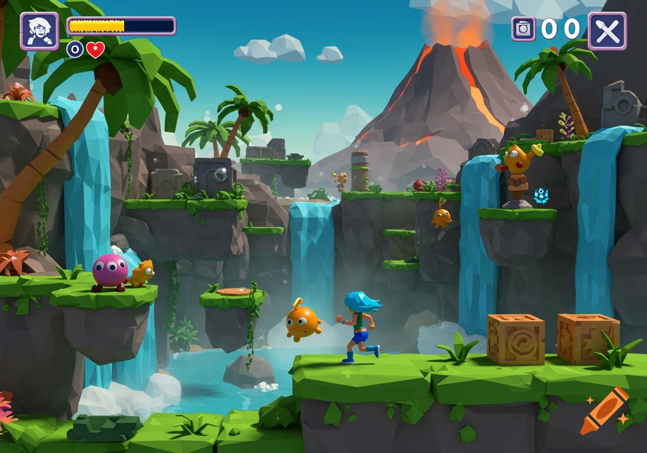 Colorful 3D platformer game scene with low-poly graphics. A character runs on a platform near waterfalls and cartoon monsters with a volcano in the background. Game UI is visible.