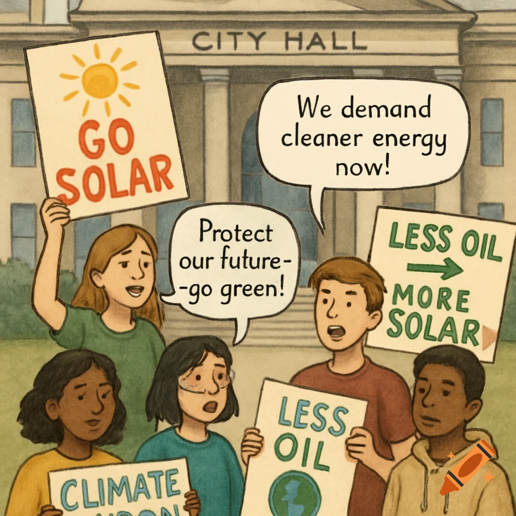 Illustration of students protesting climate change with signs and speech bubbles in front of City Hall.