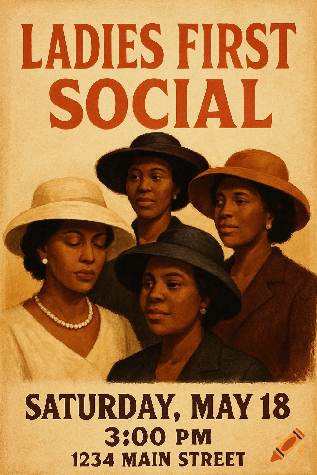 Vintage flyer for Ladies First Social event featuring four Black women wearing hats.