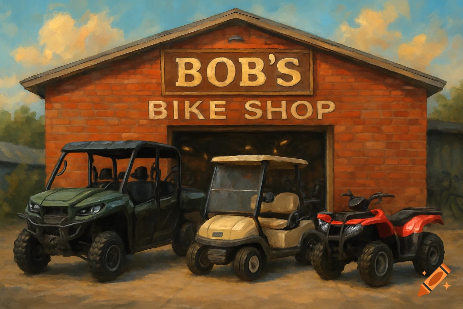 Painterly image of Bob's Bike Shop with a side-by-side, golf cart, and ATV parked outside.