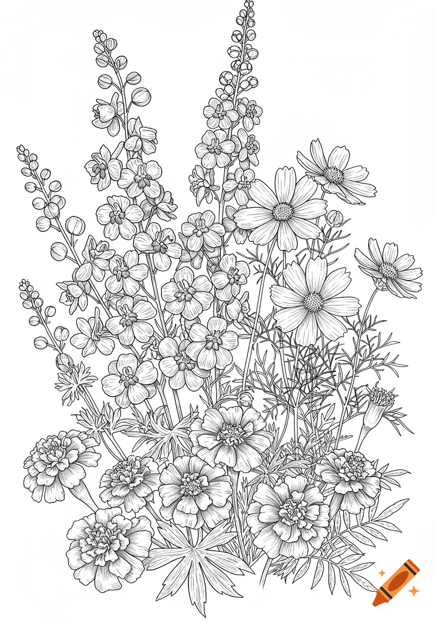 Line drawing of an arrangement of larkspur, cosmos, and marigolds.