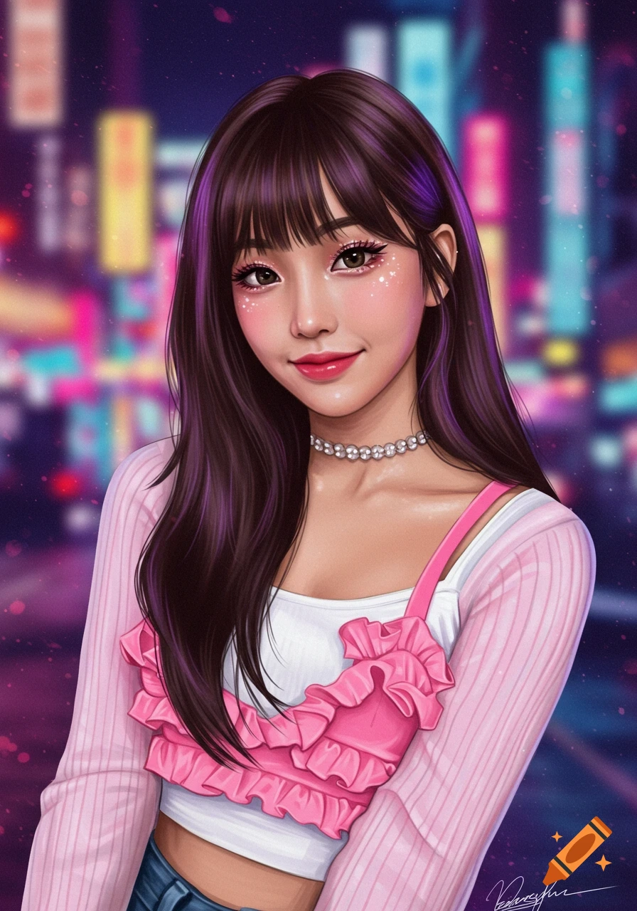 Digital painting of a young Asian woman with bangs, wearing a pink top, smiling against a blurred neon city background.