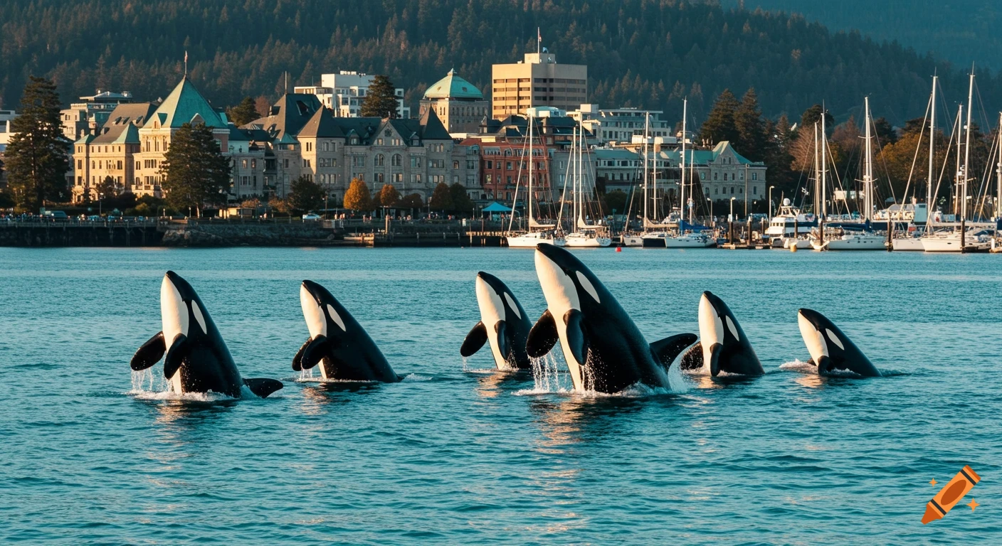 Orcas breach the water in a harbor with buildings and boats behind them