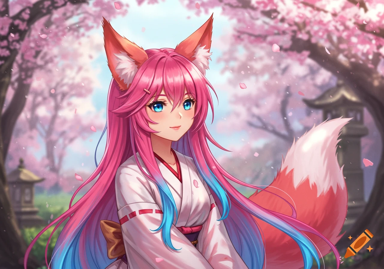 Cute anime fox girl with pink hair and blue eyes wearing a kimono among cherry blossoms.