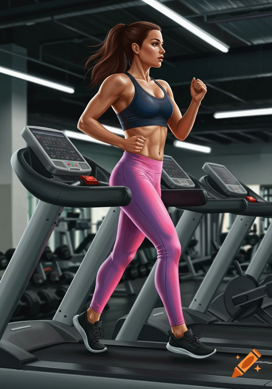 An illustration of a woman running on a treadmill in a gym.