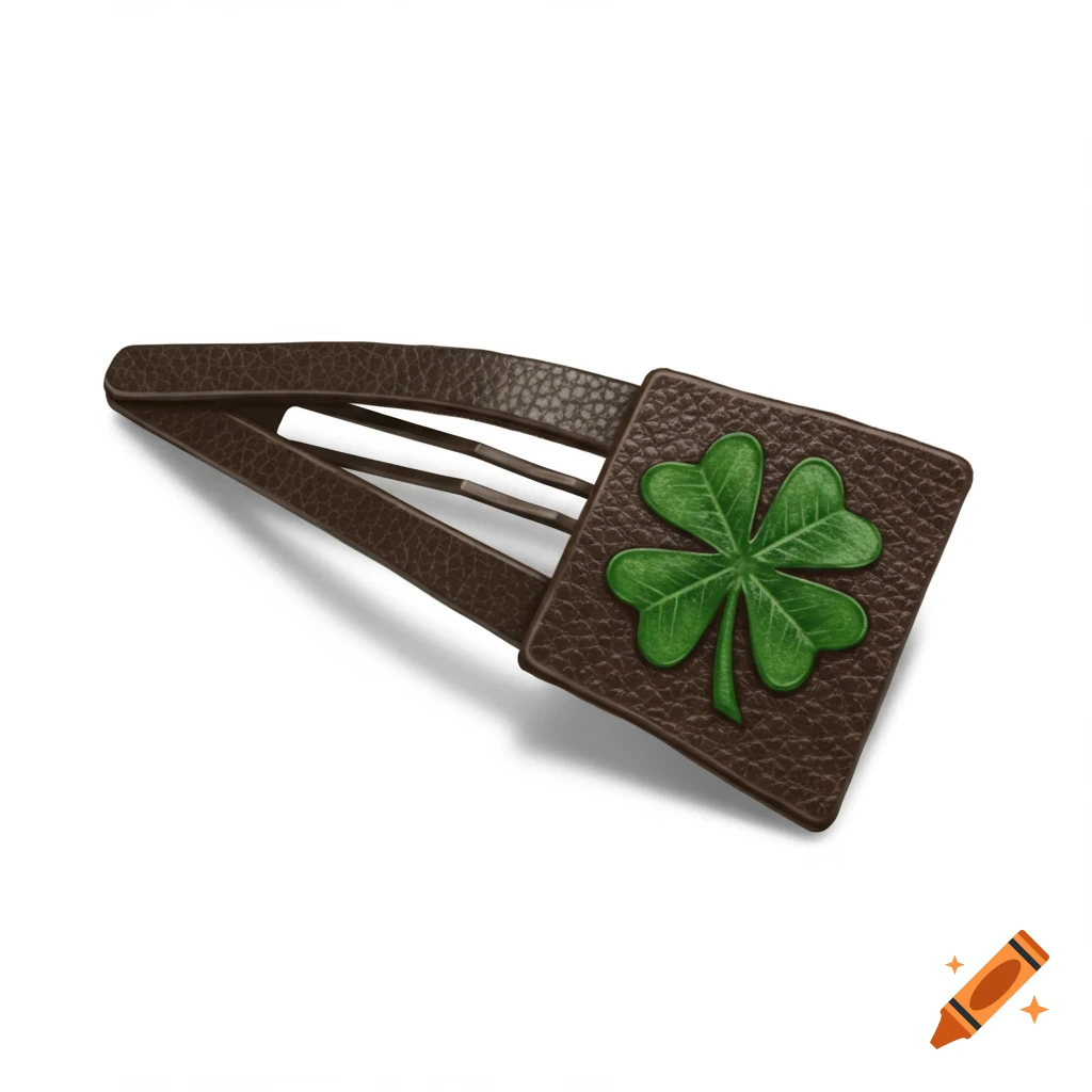 Brown leather hair barrette with a green four-leaf clover design.