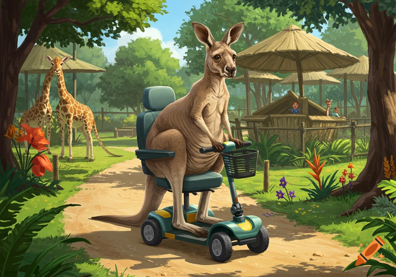 Illustration of a kangaroo riding a mobility scooter on a dirt path in a safari park with giraffes in the background.
