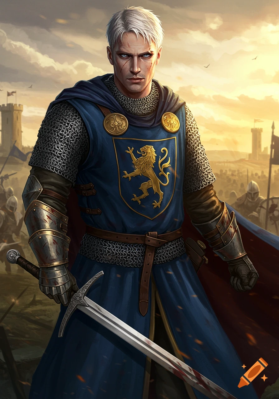 A white-haired, blue-eyed medieval soldier in armor stands on a battlefield holding a bloody sword.