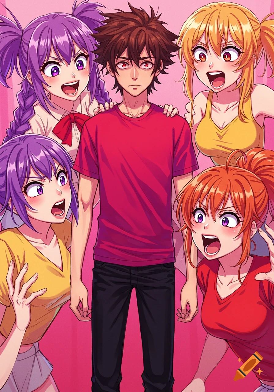 Anime illustration of a boy in a red shirt surrounded by four excited fan girls.