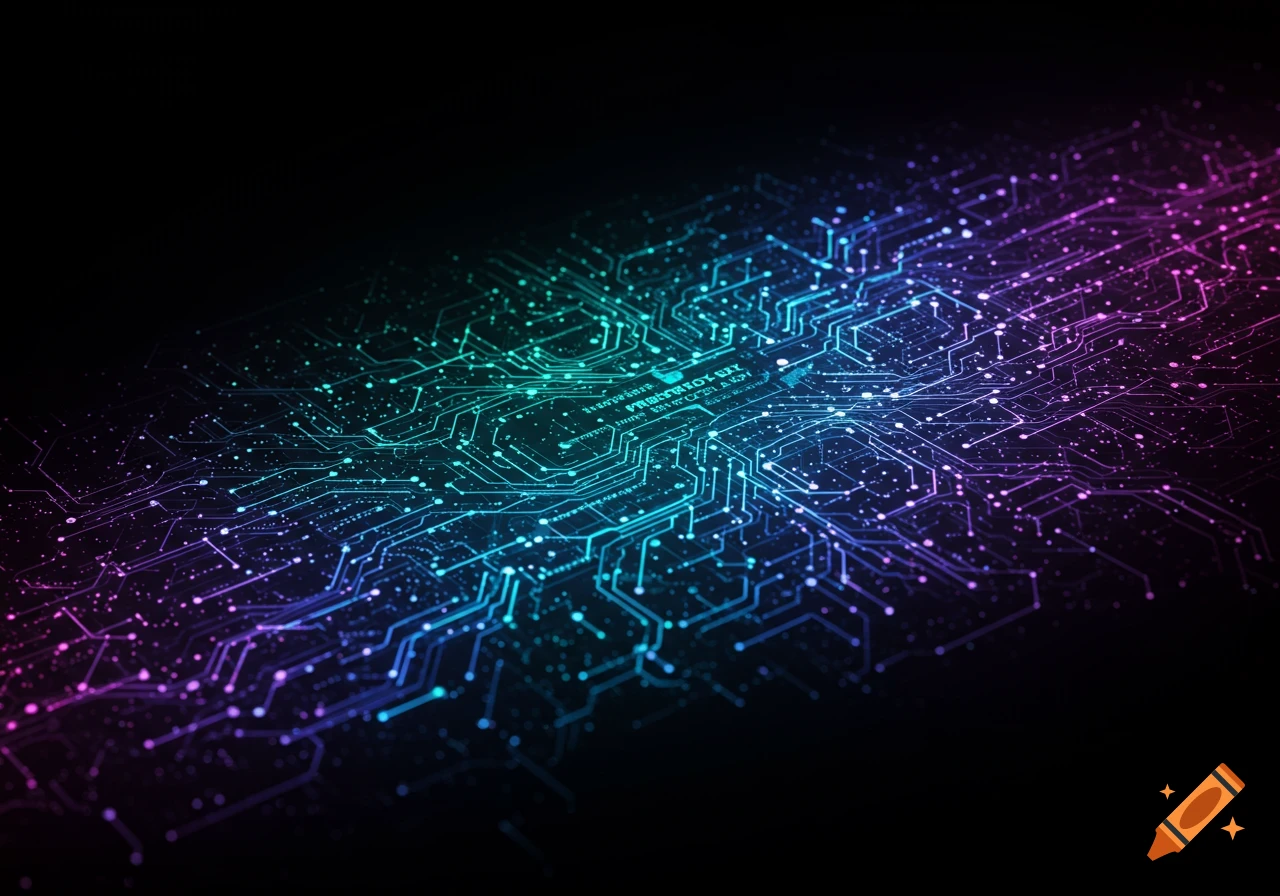 Abstract circuit board network with glowing blue, teal, and purple connections on a dark background.