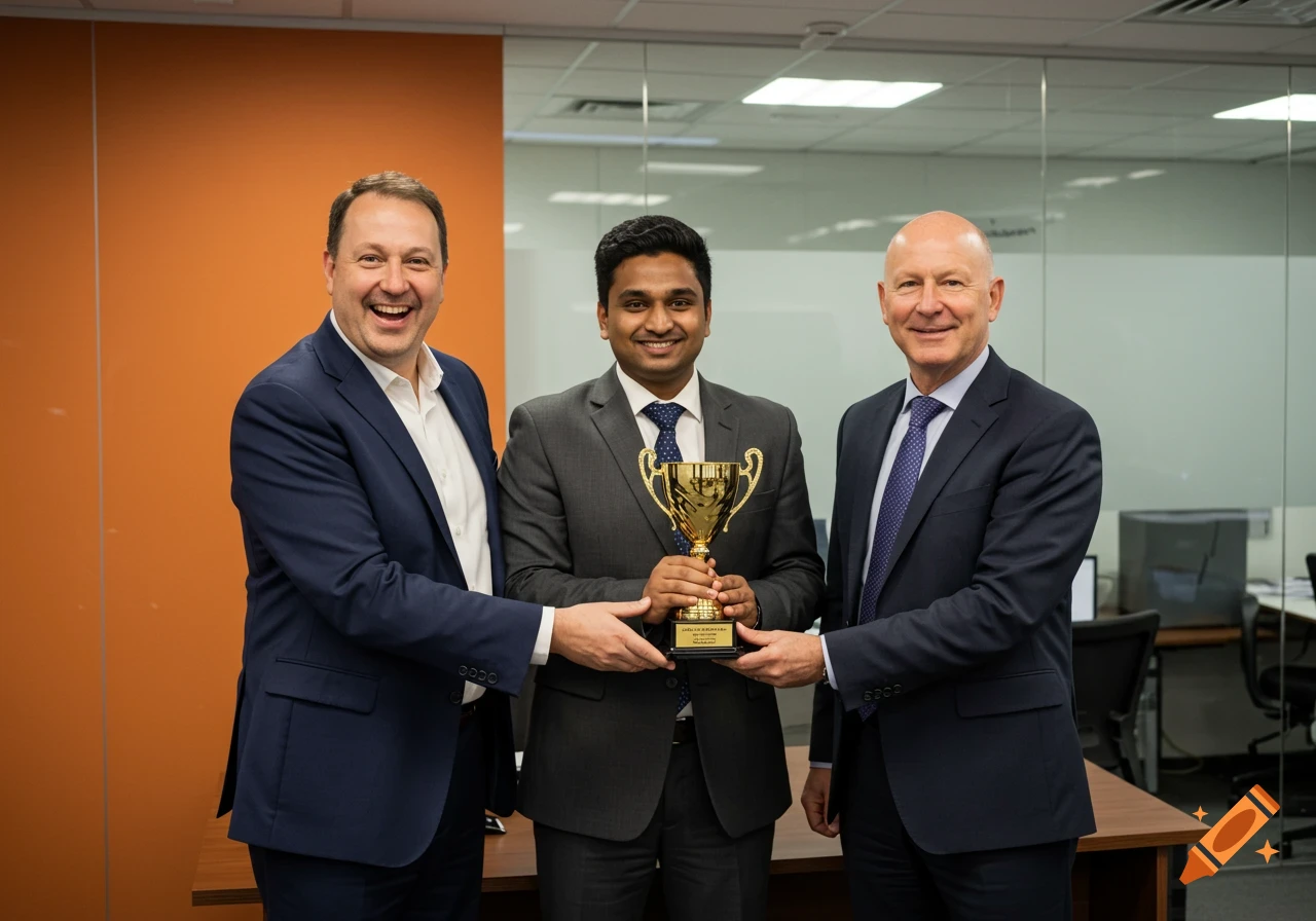 Three men in suits hold a gold trophy in an office.