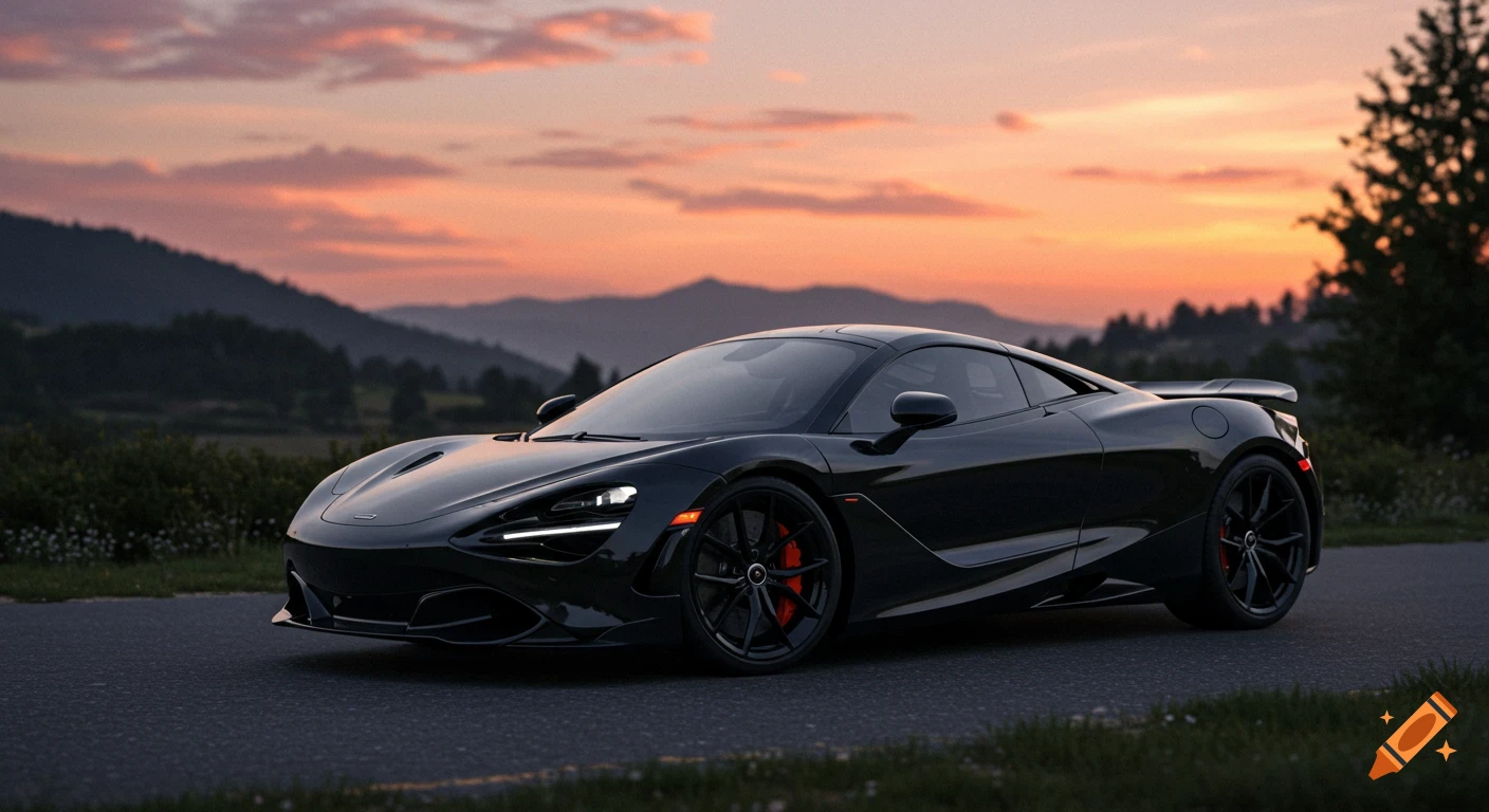 A black McLaren sports car is parked on a road at sunset with mountains in the background.