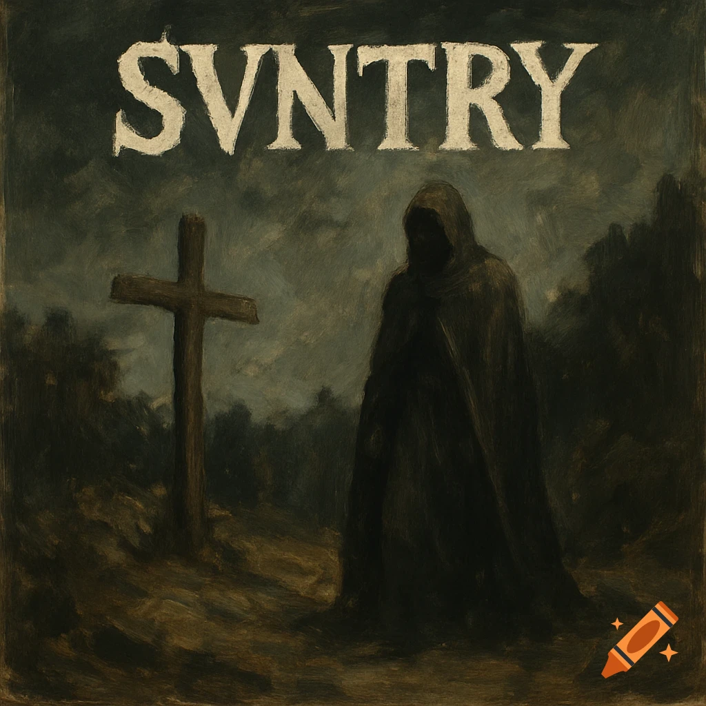 Dark sketch of a hooded figure near a cross with 'SVNTRY' at the top.