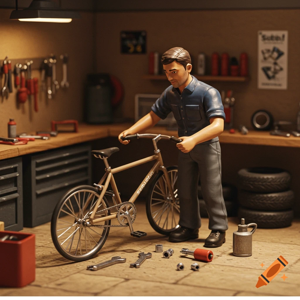 A stop motion style miniature figure of a bike mechanic working on a bicycle in a workshop.