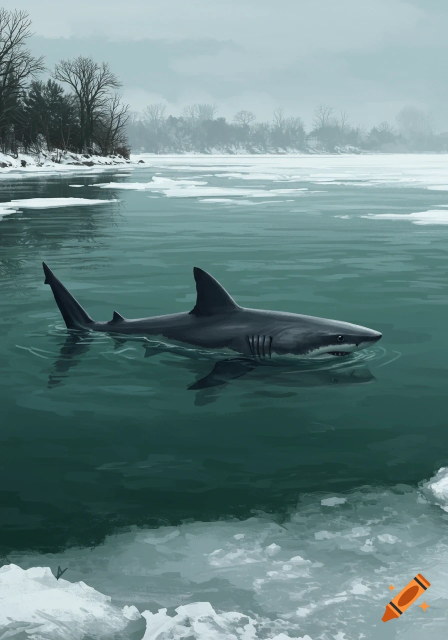 A shark swims through icy water near a snowy shore in a digital painting style.