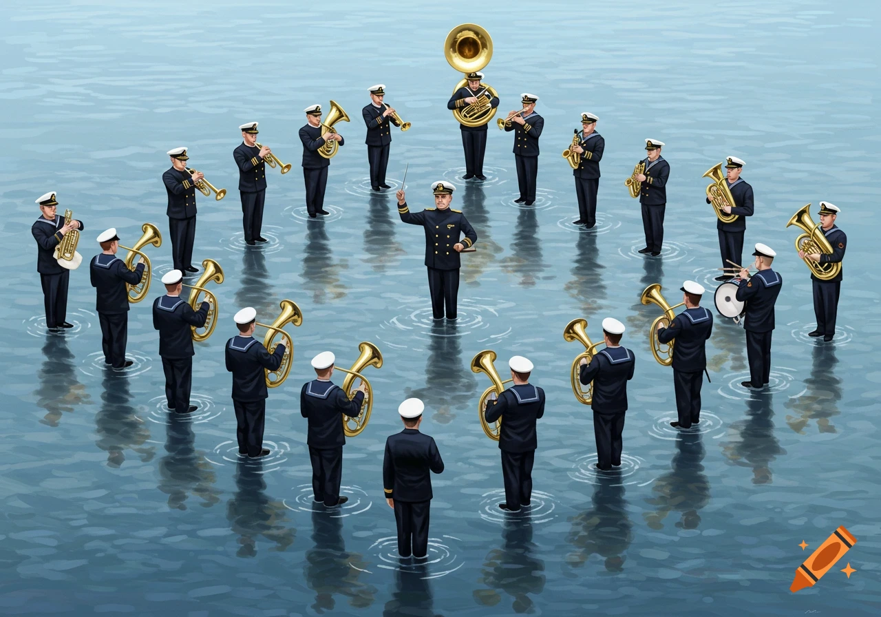 Illustration of a Navy band and conductor standing in formation on water