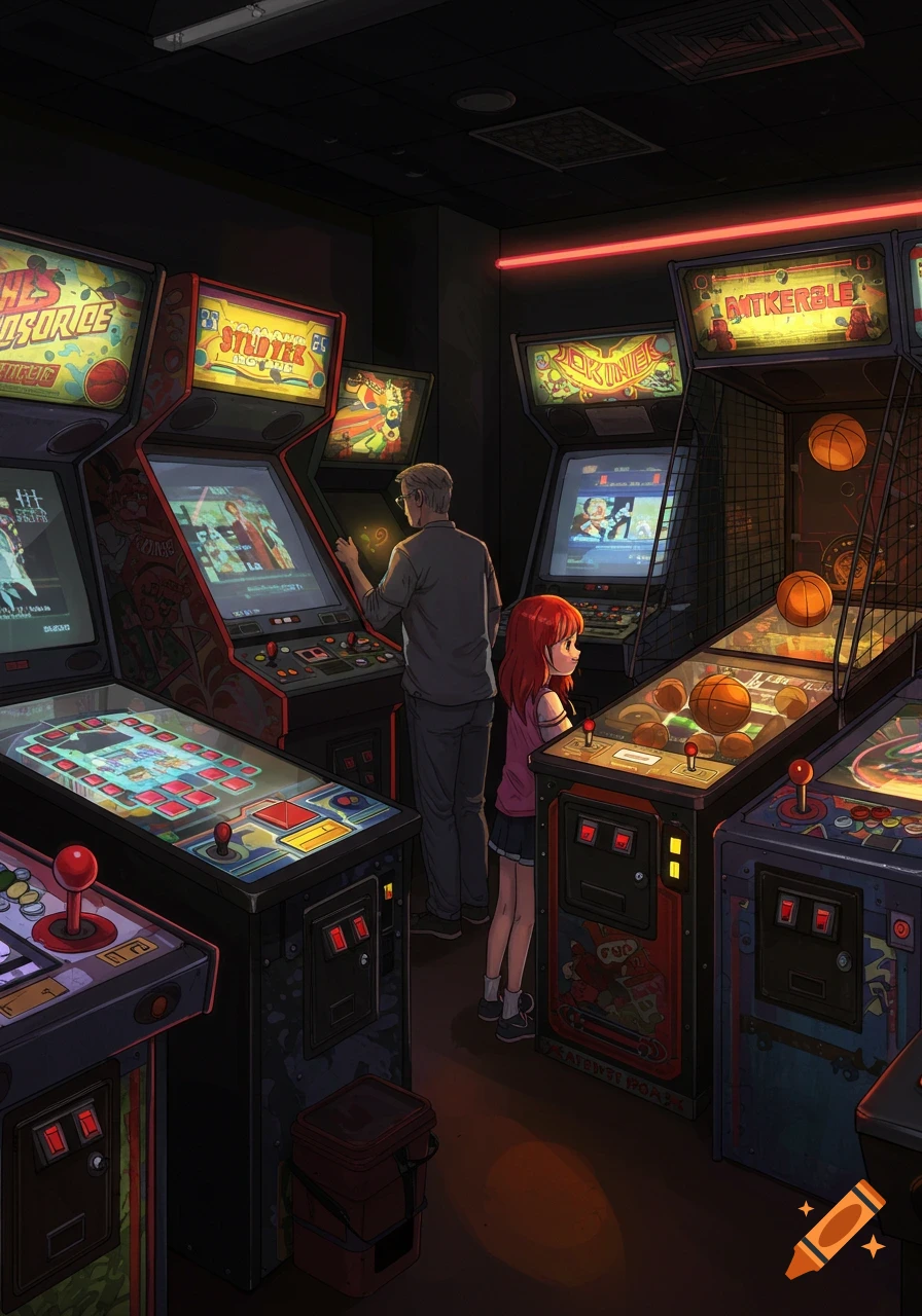 Illustration of a man and a child playing games in a dark arcade with ...