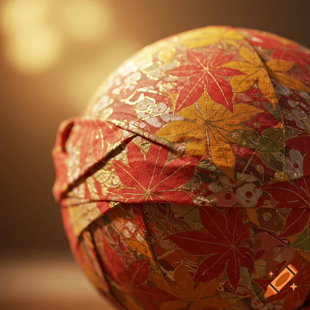 Close-up of a ball wrapped in autumnal Japanese paper with red and yellow maple leaf pattern and gold accents.