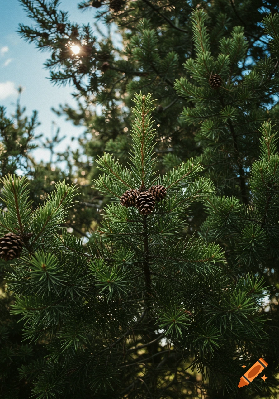 Close-up of pine tree branches with pinecones against a bright sky.