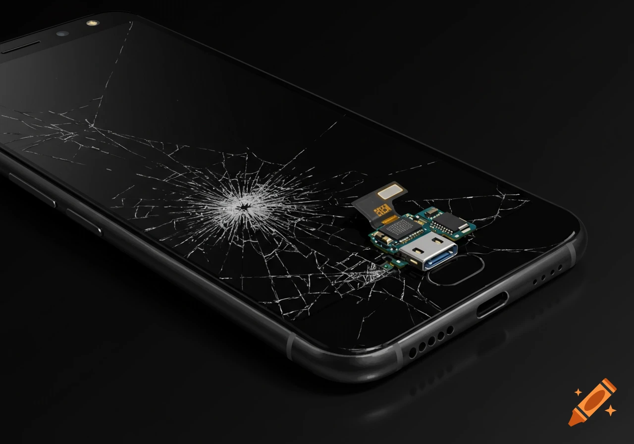 A close-up photo of a smartphone with a cracked screen and an external charging port component.
