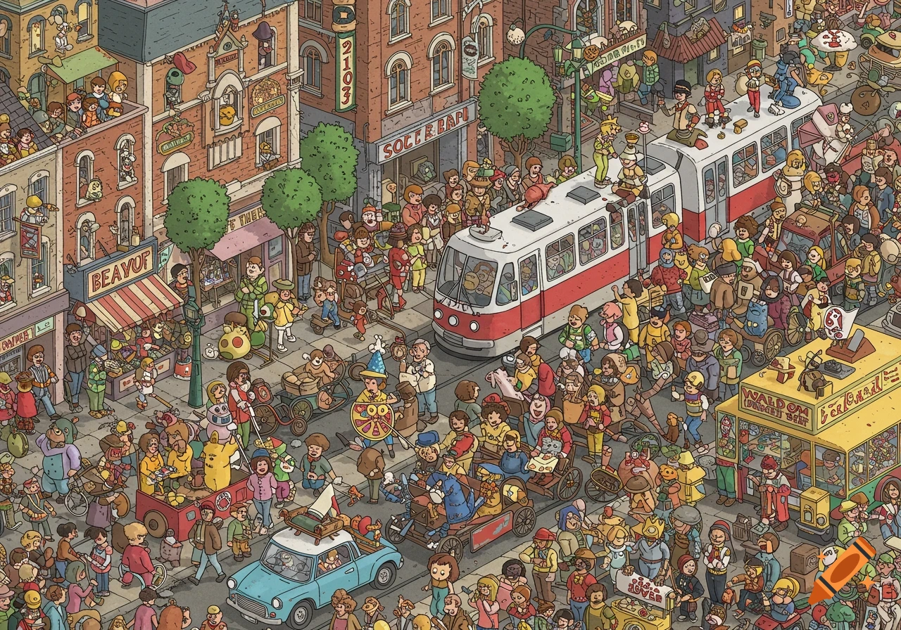 A busy illustrated street scene filled with many people, buildings, a tram, and cars, in a stylized, detailed cartoon style.