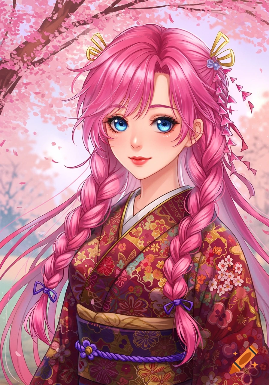 Anime woman with pink hair in a kimono under cherry blossoms